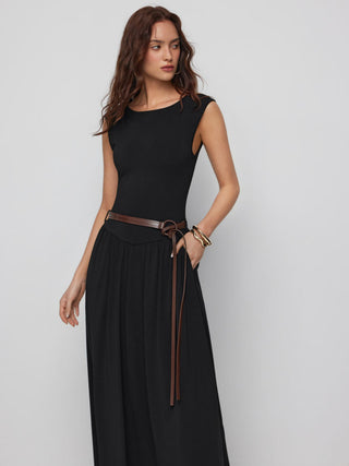 High Stretch Boat Neck Pocket A-line Maxi Dress With Belt