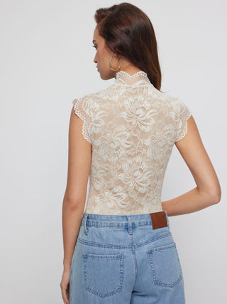 Lace Floral Stand Collar Sleeveless Bodysuit