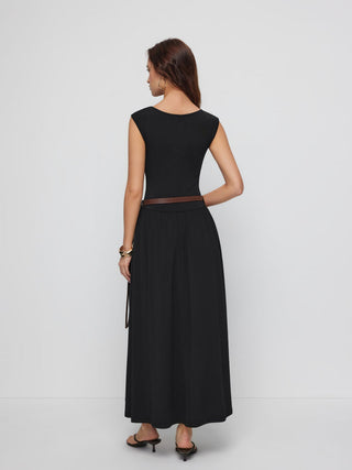 High Stretch Boat Neck Pocket A-line Maxi Dress With Belt