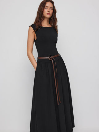 High Stretch Boat Neck Pocket A-line Maxi Dress With Belt
