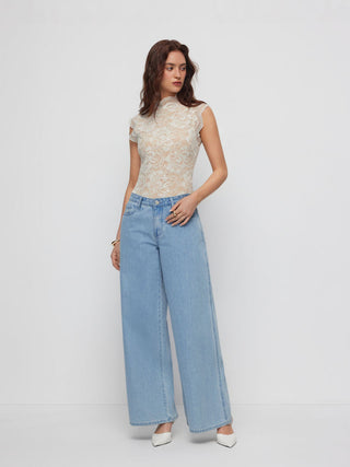 Lace Floral Stand Collar Sleeveless Bodysuit