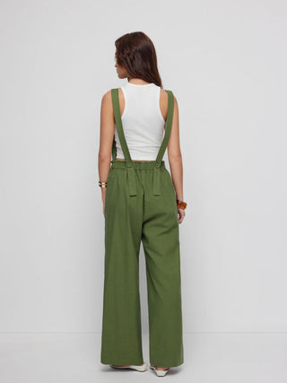 Woven Linen-blend Square Neck Mid Rise Drawstring Oversized Wide Leg Jumpsuit For Daily Casual Vacation