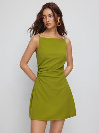 Square Neck Beaded Ruched A-line Cami Mini Dress