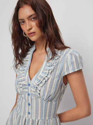 Striped V-neck Short Sleeve Ruffled A-line Mini Dress