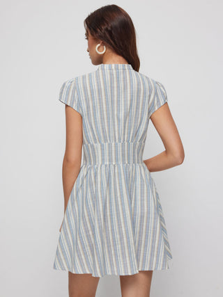 Striped V-neck Short Sleeve Ruffled A-line Mini Dress