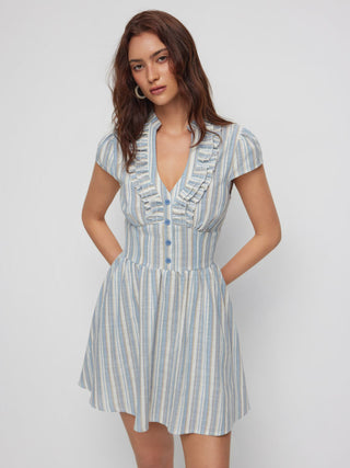 Striped V-neck Short Sleeve Ruffled A-line Mini Dress