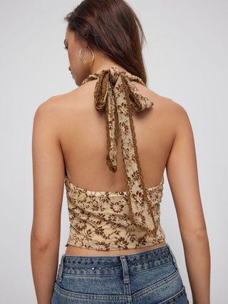 Lace Floral Jacquard Halter Neckline Bowknot Top