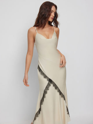 Satin Cowl Neck Lace Panel Mermaid Maxi Dress