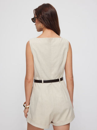 Linen-blend Boat Neck Mid Rise Romper With Belt
