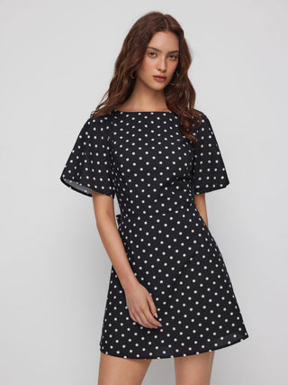 Polka Dot Boat Neck Ruffle Sleeve Knotted A-line Mini Dress