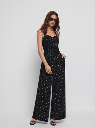 High Stretch Cotton-blend V-neck Ruched Wide Leg Jumpsuit