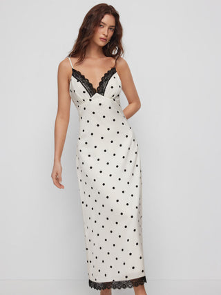 Polka Dot V-neck Lace Trim Backless A-line Maxi Dress