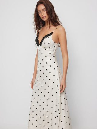 Polka Dot V-neck Lace Trim Backless A-line Maxi Dress
