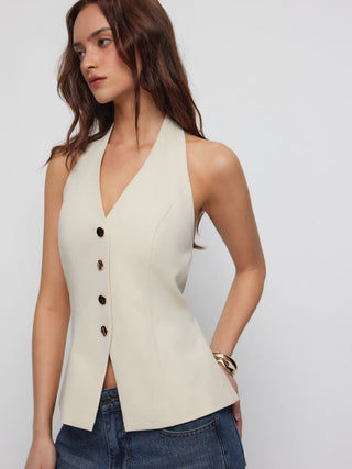 Woven Halter Neck Metal Detail Blazer Vest For Daily Casual Work