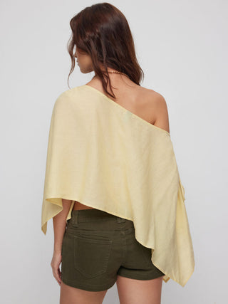 Linen-blend Linen-blend Asymmetrical Neck Drawstring Cloak Sleeve Oversized Blouse For Daily Casual Vacation