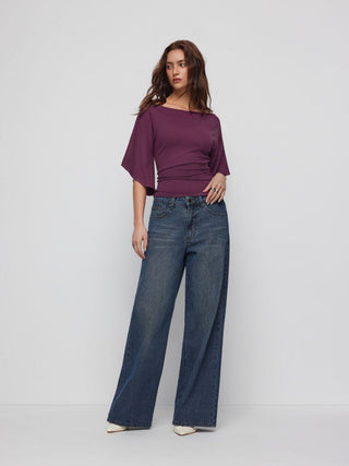 Boat Neck Mid-length Bell Sleeve Ruched Tee