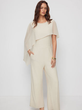 Asymmetrical Cloak Sleeve Mid Rise Wide Leg Jumpsuit With Cape