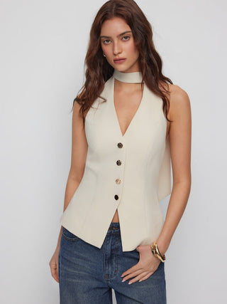Woven Halter Neck Metal Detail Blazer Vest For Daily Casual Work