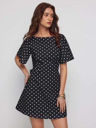 Polka Dot Boat Neck Ruffle Sleeve Knotted A-line Mini Dress