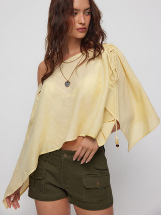 Linen-blend Linen-blend Asymmetrical Neck Drawstring Cloak Sleeve Oversized Blouse For Daily Casual Vacation