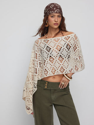 Crochet Knit Crochet Asymmetrical Neck Hollow Out Oversized Cape Top For Daily Casual Vacation