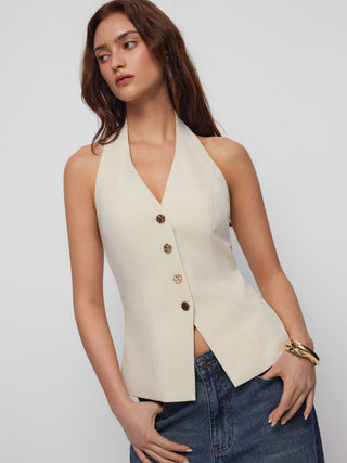 Woven Halter Neck Metal Detail Blazer Vest For Daily Casual Work