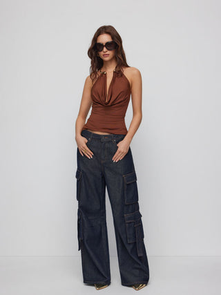 Cowl Neck Metal Detail Ruched Top