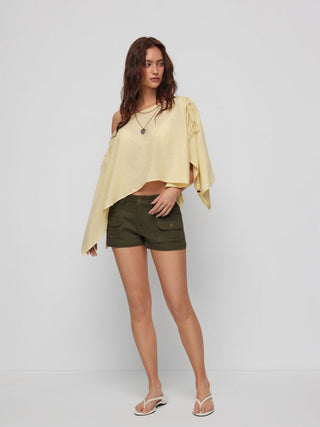 Linen-blend Linen-blend Asymmetrical Neck Drawstring Cloak Sleeve Oversized Blouse For Daily Casual Vacation