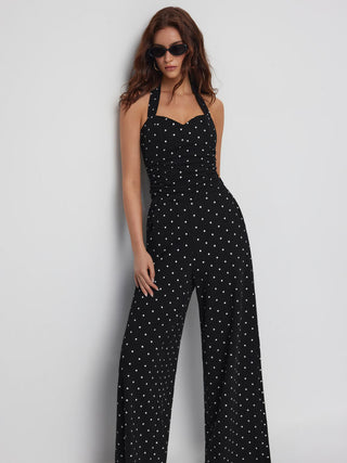 High Stretch Cotton-blend V-neck Ruched Wide Leg Jumpsuit