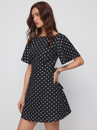 Polka Dot Boat Neck Ruffle Sleeve Knotted A-line Mini Dress