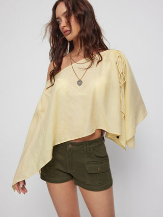 Linen-blend Linen-blend Asymmetrical Neck Drawstring Cloak Sleeve Oversized Blouse For Daily Casual Vacation