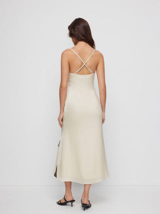 Satin Cowl Neck Lace Panel Mermaid Maxi Dress