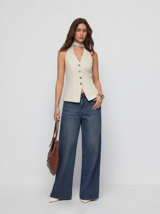 Woven Halter Neck Metal Detail Blazer Vest For Daily Casual Work