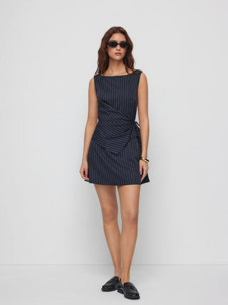 Stripe Boat Neck Asymmetrical Ruched A-line Mini Shift Dress