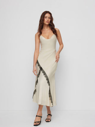 Satin Cowl Neck Lace Panel Mermaid Maxi Dress