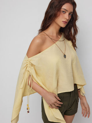 Linen-blend Linen-blend Asymmetrical Neck Drawstring Cloak Sleeve Oversized Blouse For Daily Casual Vacation