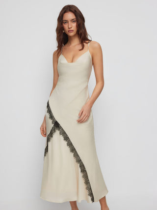 Satin Cowl Neck Lace Panel Mermaid Maxi Dress
