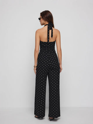 High Stretch Cotton-blend V-neck Ruched Wide Leg Jumpsuit