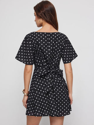 Polka Dot Boat Neck Ruffle Sleeve Knotted A-line Mini Dress