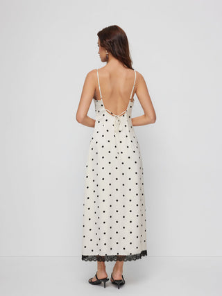 Polka Dot V-neck Lace Trim Backless A-line Maxi Dress