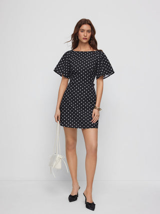 Polka Dot Boat Neck Ruffle Sleeve Knotted A-line Mini Dress