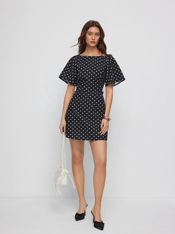 Polka Dot Boat Neck Ruffle Sleeve Knotted A-line Mini Dress