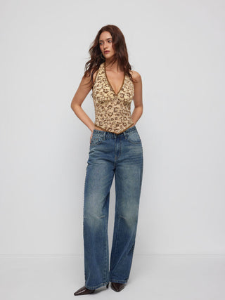 Lace Floral Jacquard Halter Neckline Bowknot Top
