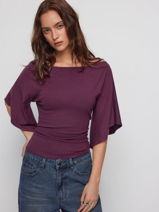 Boat Neck Mid-length Bell Sleeve Ruched Tee