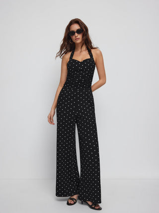 High Stretch Cotton-blend V-neck Ruched Wide Leg Jumpsuit