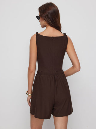 Knit Fabric Square Neck Zipper Back Pocket Romper
