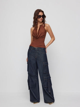 Cowl Neck Metal Detail Ruched Top