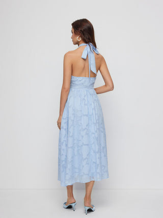 Jacquard Floral Halter Neckline Backless Flared Maxi Dress