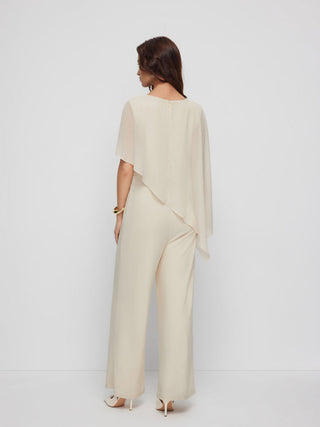 Asymmetrical Cloak Sleeve Mid Rise Wide Leg Jumpsuit With Cape