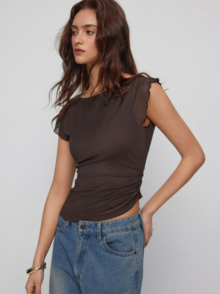 Mesh Boat Neck Lettuce Trim Ruched Top